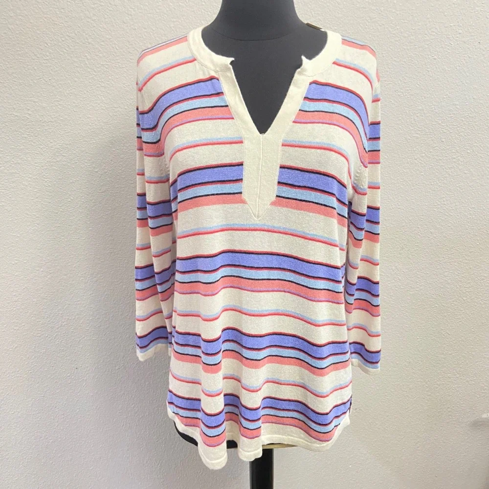 Talbots Womens PM Multi Stripe Linen Blend Split Neck‎ Sweater NEW 3/4 Sleeve